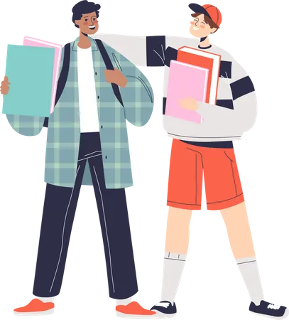 Two Boy Stand Together And Talk School Friends Teen Schoolboys With Backpacks And Books Teenager Friendship Concept Cartoon Flat Vector Illustration Illustration