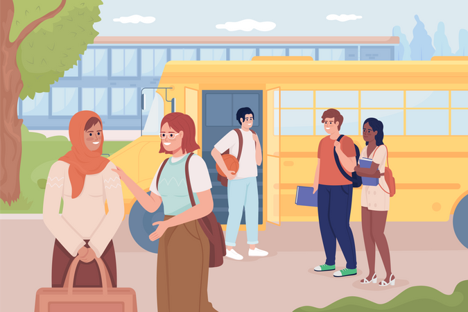 School bus stop before high school building  Illustration