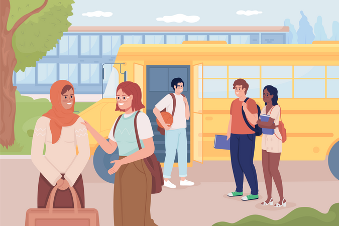 School bus stop before high school building Illustration