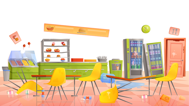 School cafeteria interior with broken and dirty furniture  Illustration