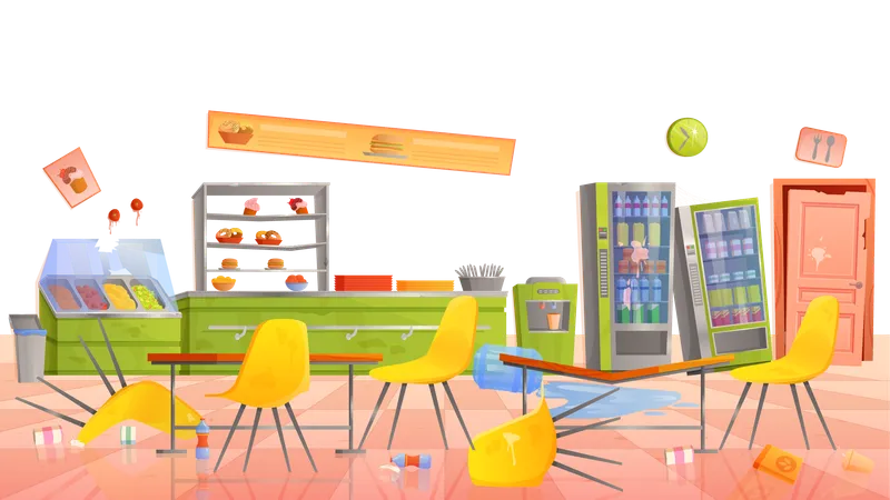 School cafeteria interior with broken and dirty furniture  Illustration