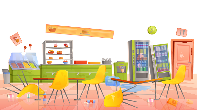 School cafeteria interior with broken and dirty furniture  イラスト