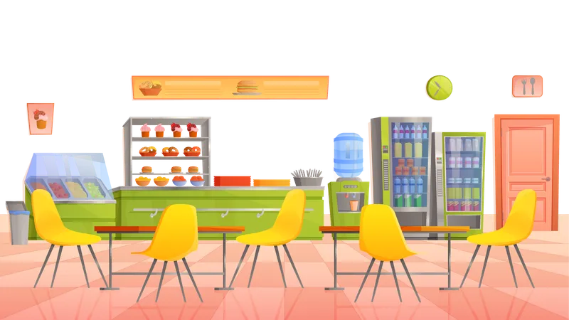 School Canteen Interior Vector Illustration Cartoon Dining Room Of University Campus Cafeteria With Empty Tables And Chairs Cake Dessert Counter And Vending Machine With Drinks Food Menu On Wall Illustration