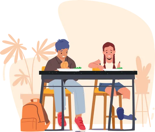 School children eating food In cafeteria after classes Illustration