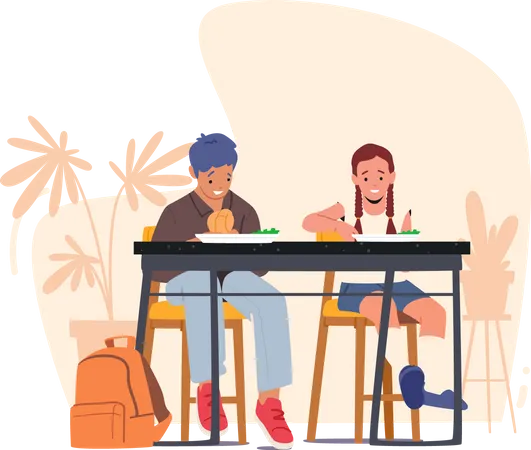 School children eating food In cafeteria after classes  Illustration