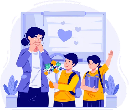 Happy Teachera S Day School Children Giving Gifts And Bouquets Of Flowers To Their Female Teacher World Teachers Day Celebration Illustration