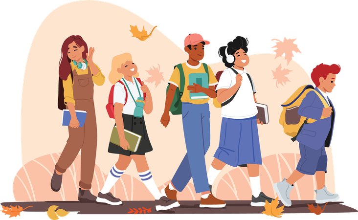 School children going back to school together under falling autumn leaves  Illustration