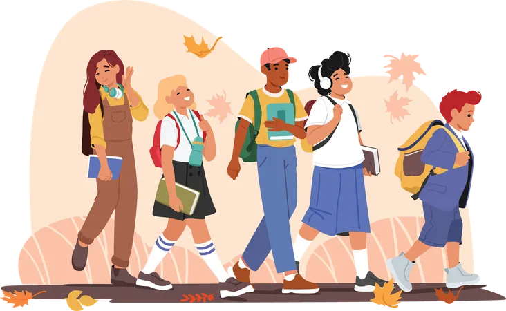 School children going back to school together under falling autumn leaves  Illustration