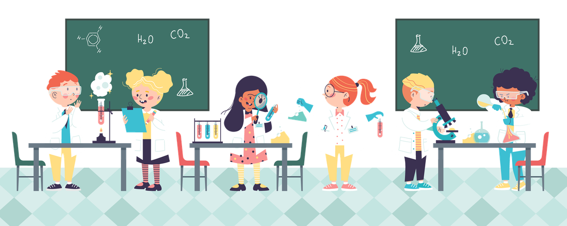 School children in chemical classroom  Illustration