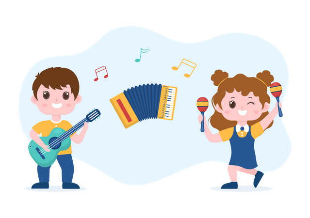 School children learning music Illustration