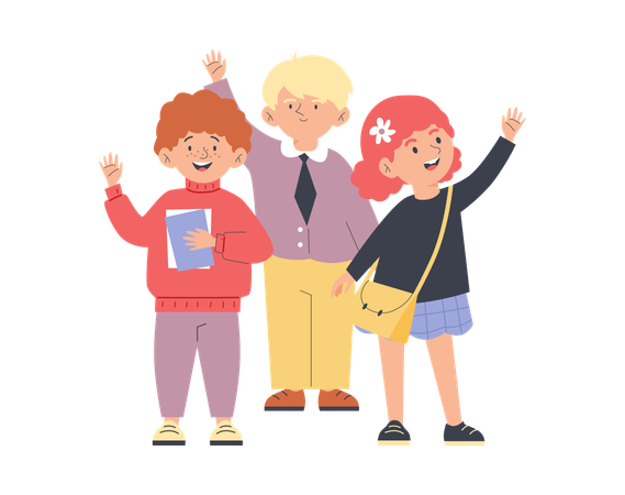 School children waving hands in greeting gesture  Illustration