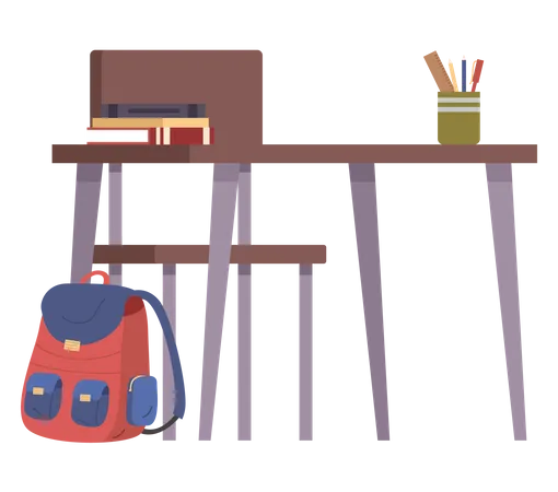 Student S School Desk With Stack Of Books And A Pen Holder In A Cartoon Style Back To School Concept Chair And Backpack Books With Stationery On The Table For School Education Isolated On White Illustration