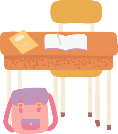 School Workplace Vector Isolated Table With Stool To Sit Textbook And Opened Notebook With Pencil Or Pen Education In College Satchel Pink Bag Back To School Concept Flat Cartoon イラスト