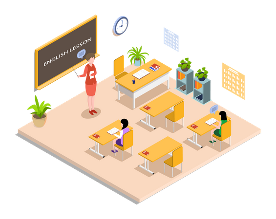 School education isometric with teacher and pupil at english lesson. Learning process in classroom  Illustration