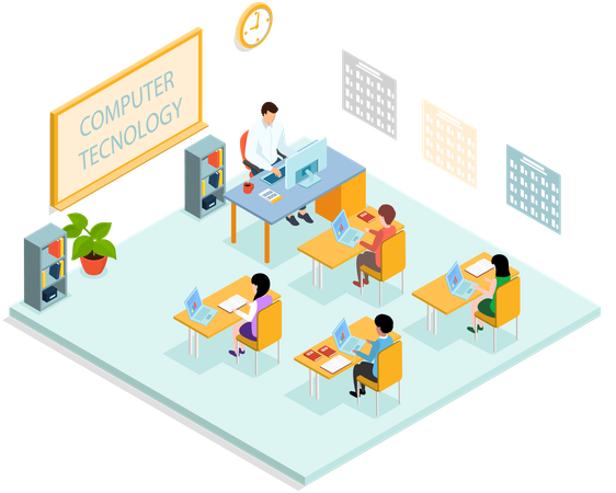 School education with teacher and pupil at computer technology lesson  Illustration