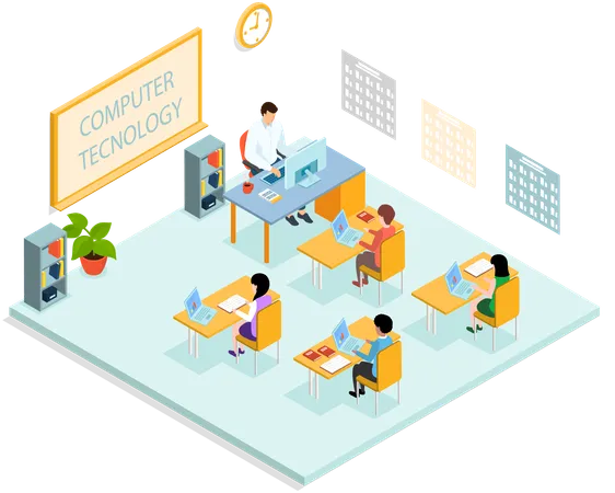 School education with teacher and pupil at computer technology lesson  Illustration