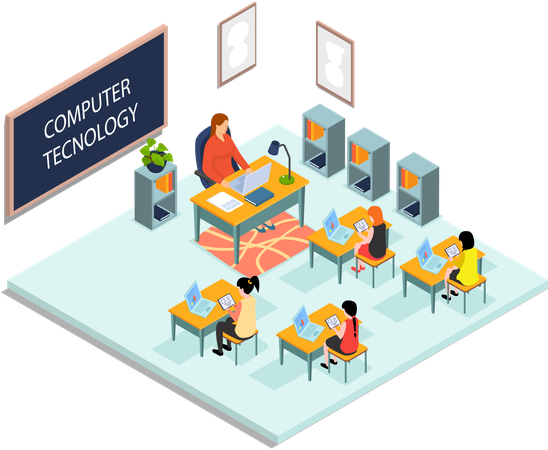 School education with teacher and pupil at computer technology lesson  Illustration