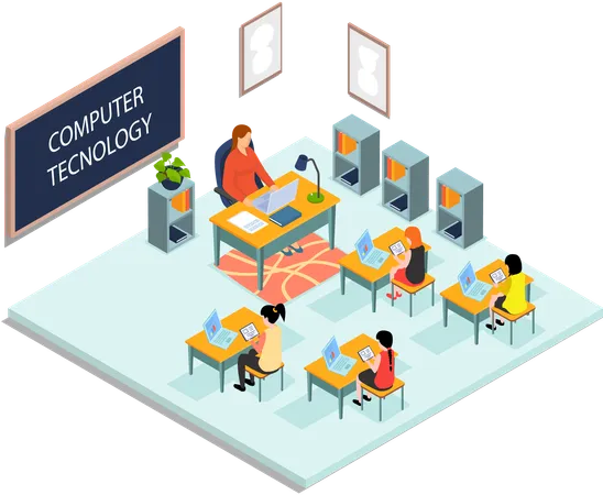 School education with teacher and pupil at computer technology lesson  Illustration