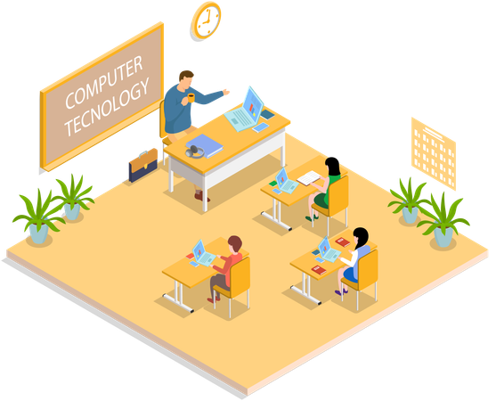 School education with teacher and pupil at computer technology lesson  Illustration