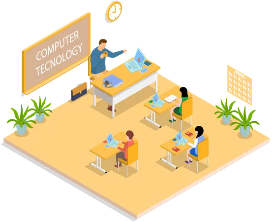 School education with teacher and pupil at computer technology lesson  Illustration