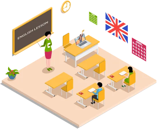 School education with teacher and pupil at english lesson  Illustration