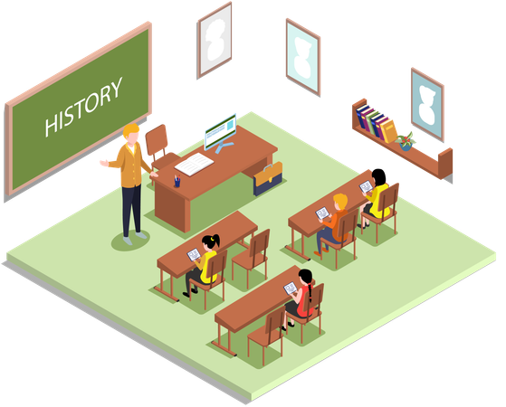 School education with teacher and pupil at history lesson  Illustration