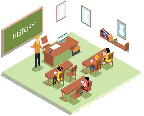 School education with teacher and pupil at history lesson  Illustration