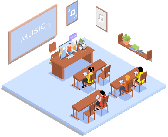 School education with teacher and pupil at music lesson  Illustration