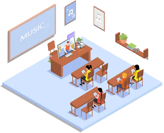 School education with teacher and pupil at music lesson  Illustration