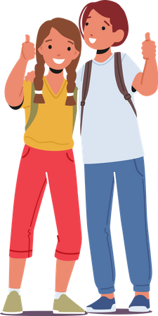 School Friends Girl and Boy Stand Together Showing Thumb Up Illustration