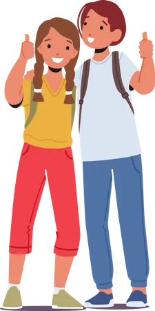 School Friends Girl and Boy Stand Together Showing Thumb Up Illustration