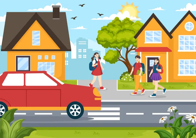 School friends going to home after school  Illustration