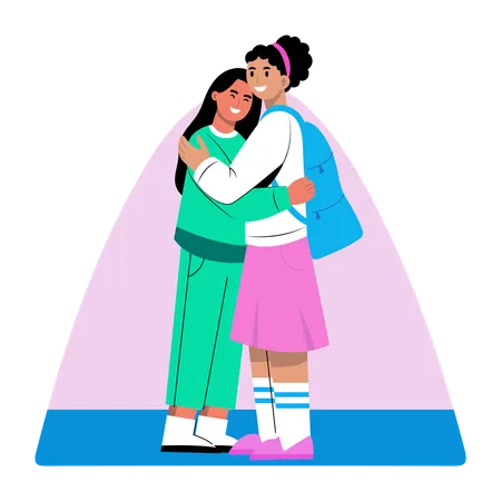 School friends hugging at school  Illustration