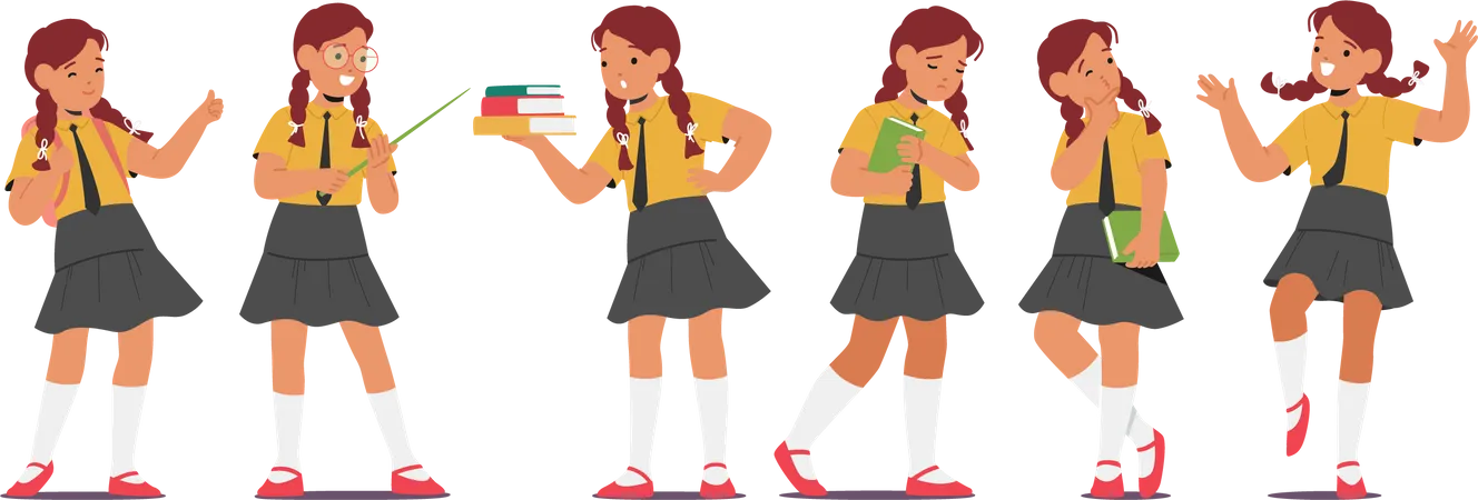 School Girl Character Different Poses And Expressions Child Rejoice Show Thumb Up Surprised Carry Books Happy Or Upset Holding Pointer Cute Female Schoolkid Cartoon People Vector Illustration Illustration