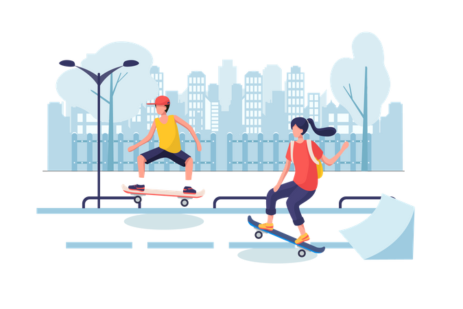 School girl and boy skate boarding at street  Illustration