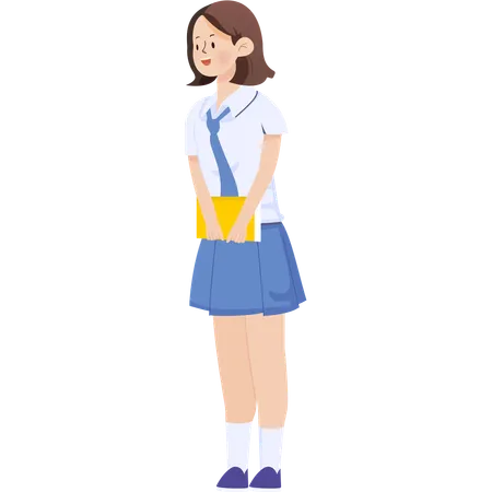 笑顔で本を運ぶ女子高生  イラスト