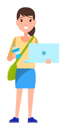 School Girl holding laptop Illustration