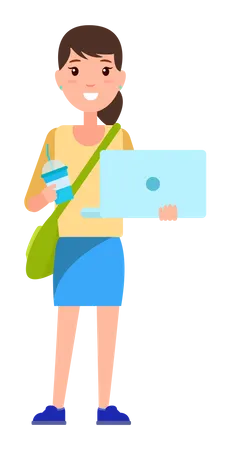 School Girl holding laptop Illustration