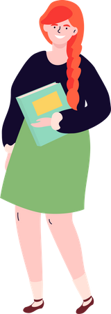 School Girl in a green skirt and black top holding her notebook  Illustration