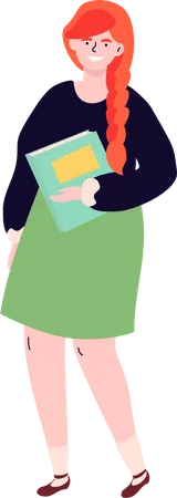 School Girl in a green skirt and black top holding her notebook  Illustration