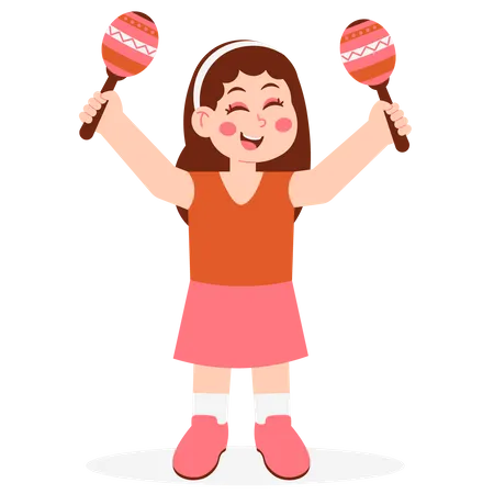 School Girl Playing Maracas Musical Instrument  Illustration