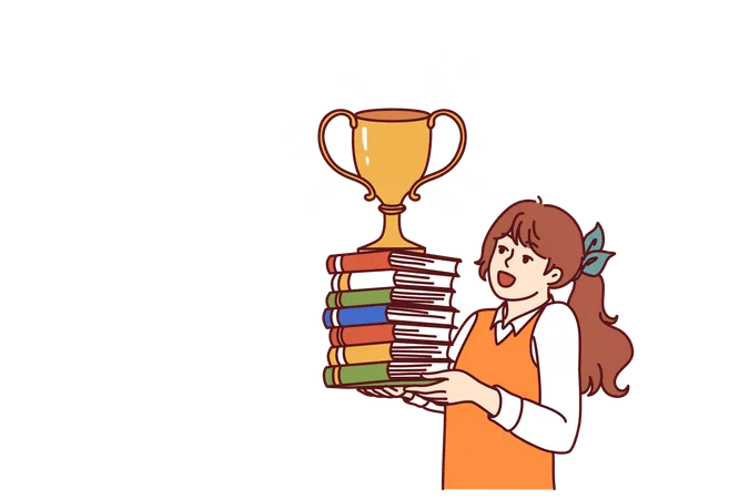 Schoolgirl With Books And Cup For Winning Olympiad Rejoices At Good Marks For Test Child Prodigy Girl With Golden Cup Of Winner Of Olympiad Enjoys Prize Of Best Elementary School Student Illustration