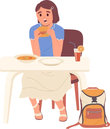 Preteen Schoolgirl Cartoon Character Refusing Soup Healthy Food Choosing Burger Unhealthy Snack For Lunch Sitting At Table With Schoolbag Vector Illustration Isolated On White Background Mealtime Illustration
