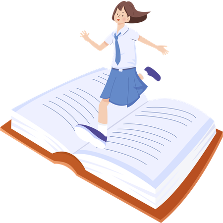 School girl running on books  Illustration