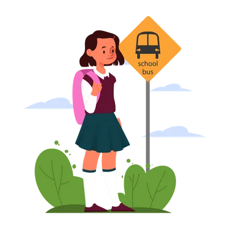 School Girl Schedule Concept Little Girl Going To School Young Female Character Waiting For School Bus Isolated Vector Illustration In Cartoon Style Illustration