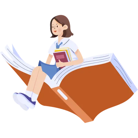 School girl sitting on a ledger  Illustration