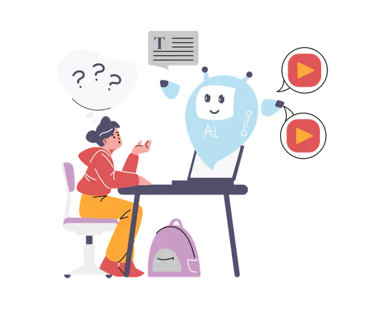 School girl with laptop studying with chat bot  Illustration