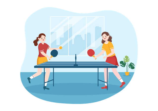 School girls Playing Table Tennis Illustration