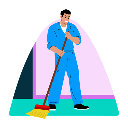 School janitor cleaning floor at school  Illustration