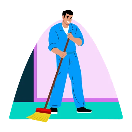 School janitor cleaning floor at school  Illustration